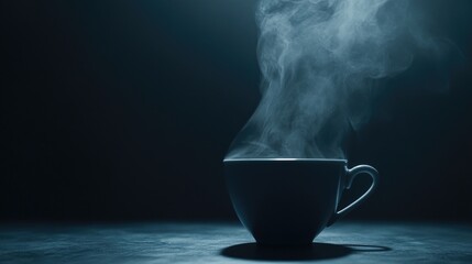 Sticker - A steaming cup of coffee on a dark background