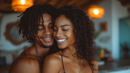 Poster - young happy cute couple dancing and laughing together in the kitchen