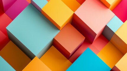 Poster - Geometric background with overlapping cubes in bright colors and varying opacities on a minimalist surface