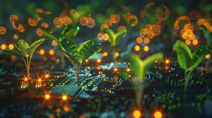 Aufkleber - Glowing plants growing from microchips, out-of-focus tech background