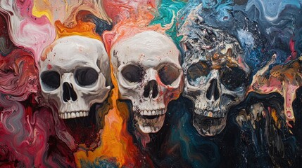 Canvas Print - Three Skulls Immersed in Swirling Paint