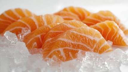 Wall Mural - A vivid 3D close-up of salmon sashimi on ice, capturing the glossy texture of the fish and the clear ice crystals on a crisp white background, no people.