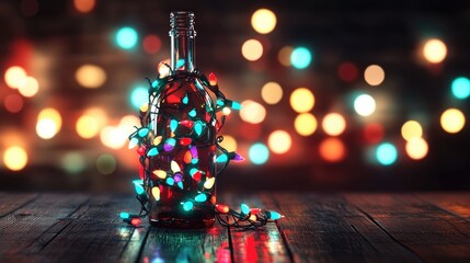 3D rendering of a bottle filled with a garland of Christmas lights in a dark setting close up view