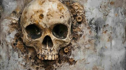 Canvas Print - A Close-Up of a Weathered Human Skull with Exposed Teeth