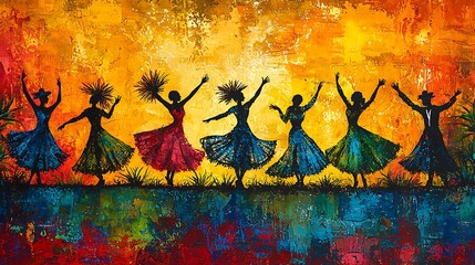 A lively background depicting silhouettes of traditional Latin American dancers against a vibrant, colorful backdrop. 