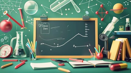 Back to school themed vector illustration with chalkboard, science laboratory equipment, and educational icons for a learning experiment concept /