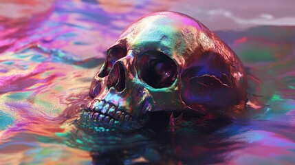 Poster - A Metallic Human Skull Floating on Iridescent Liquid