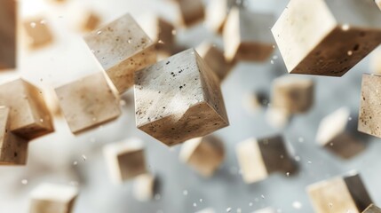 Fototapete - Playful arrangement of cubic shapes in different textures and sizes drifting against a blurred, light-toned backdrop