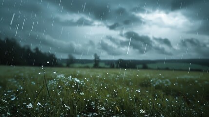 Aufkleber - Rainy weather over a rural field with dark clouds above and rain falling steadily, blurring the horizon and creating a muted, serene landscape.
