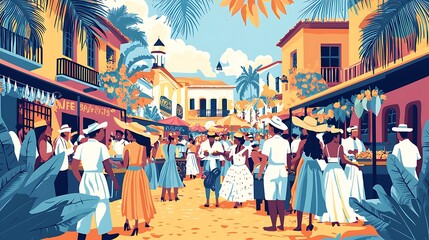 A hand-drawn style illustration of a Latin American street festival, with people in traditional dress, food stalls, and music. 