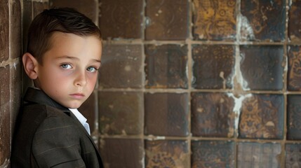 A young boy against a wall