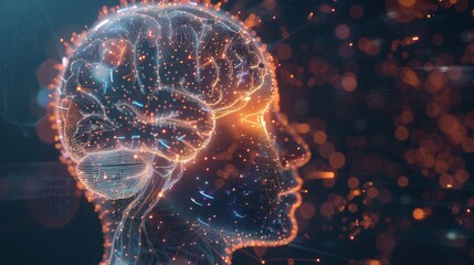 Poster - Transparent human head showcasing a luminous brain with pulsating lights, contrasted with a modern, technology-inspired background