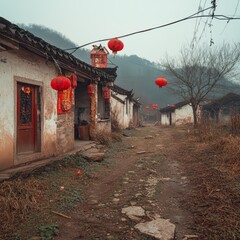 A narrow dirt road winds through an old Chinese village, lined with weathered homes decorated with red lanterns.