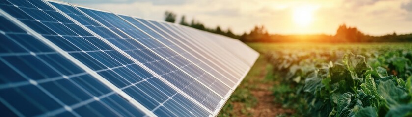 solar panels in a field at sunset promoting renewable energy and sustainability