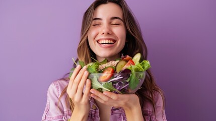 young caucasian woman isolated on purple background holding a bowl of salad with happy expression