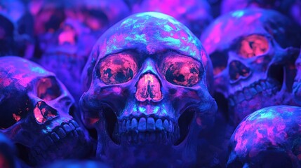 Canvas Print - Close-up of a Human Skull Glowing in Neon Pink and Blue Light