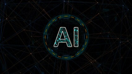 Wall Mural - motion graphic of blue digital ai logo with circle futuristic hud elements and orange line connectio