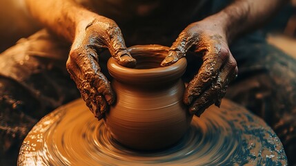 The hands of a potter pulling the walls of a clay product on a potter's wheel. Ceramist masters pottery in the workshop. copy space for text.