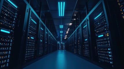 an advanced data center with servers and network equipment bathed in soft, adjustable led lighting, 