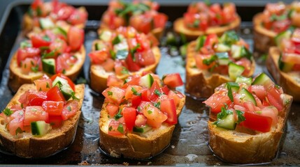 Tasty bruschetta with tomato. Easy cook, nutritious snack. Beautifully decorated catering banquet menu. Food snacks and appetizers for buffet. bruschetta with tomato and cucumber 