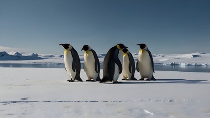 Wall Mural - a group of emperor penguins standing on a vast, icy landscape, scene evokes a sense of peace and tra