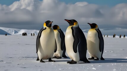 Wall Mural - a group of emperor penguins standing on a vast, icy landscape, scene evokes a sense of peace and tra