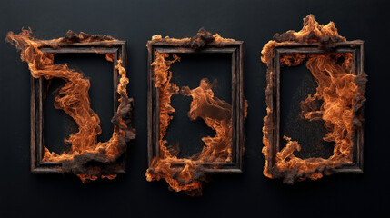 Poster - Three empty wooden picture frames burning with intense flames against a dark background.