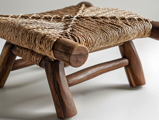 Wall Mural - A wooden stool with a woven seat. The stool is brown and has a rustic look. It is placed on a white surface