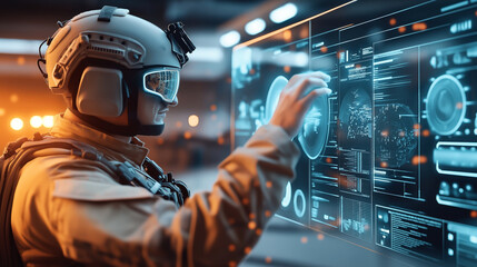 Poster - A person in futuristic military gear interacts with a large, transparent digital screen displaying holographic data in a high-tech environment.