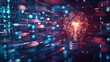 © keetazalay - A bright idea light bulb surrounded by an intricate network of binary code and AI algorithms, floating in a virtual space filled with holographic displays of machine learning models, real-time data