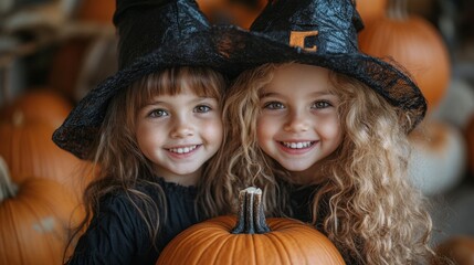 Wall Mural - Two young girls wearing black hats and holding a pumpkin