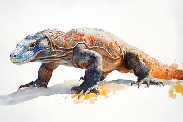 Sticker - A detailed watercolor illustration of a Komodo dragon showcasing its unique textures and colors.