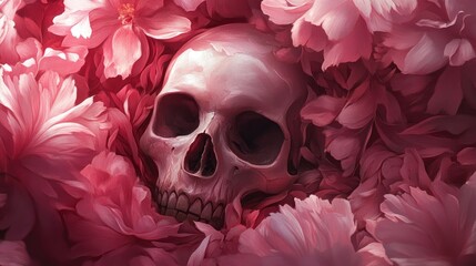 Sticker - Human Skull Immersed in Pink Flower Petals