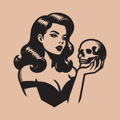 beautiful young brunette vamp woman holding a skull in her hands. Vintage black vector retro illustration. Emblem, tattoo, sticker, print, logo