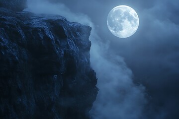 Poster - A serene night scene featuring a full moon illuminating a rocky cliff amidst swirling clouds.