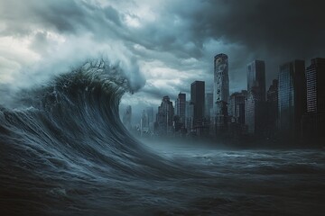 Wall Mural - A dramatic scene of a massive wave threatening a city skyline under dark, stormy skies.