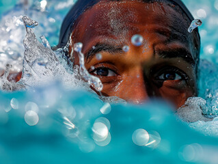 A man is swimming in a pool and his eyes are closed. The water is splashing around him and the man is looking down