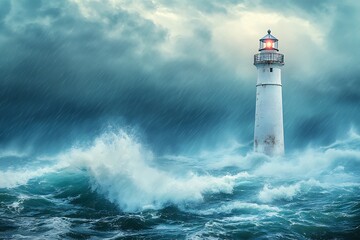 Canvas Print - A lighthouse standing tall amidst stormy seas, guiding ships with its beacon through turbulent waters.