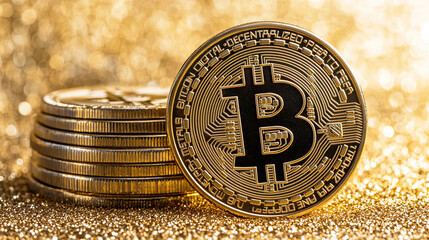 Wall Mural - close-up of golden Bitcoin coins on a gold background