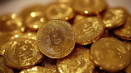 Wall Mural - close-up of golden Bitcoin coins on a gold background