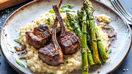 Wall Mural - A plate of lamb chops and risotto with asparagus. The asparagus is tender and slightly charred