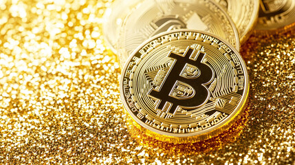 Wall Mural - close-up of golden Bitcoin coins on a gold background