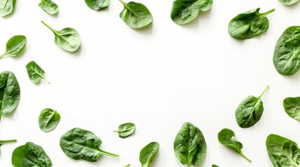 Wall Mural - Frame made of spinach leaves on white background. Spinach leaf isolated background. Creative food concept. Ingredient for salad. Flat lay, top view 