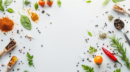 Food background with spices, herbs and utensil on white background. 