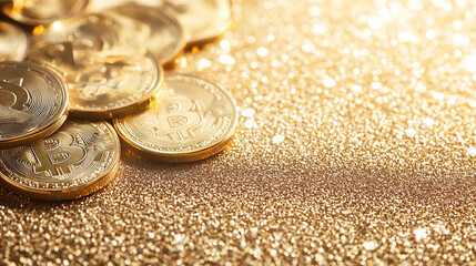 Wall Mural - close-up of golden Bitcoin coins on a gold background