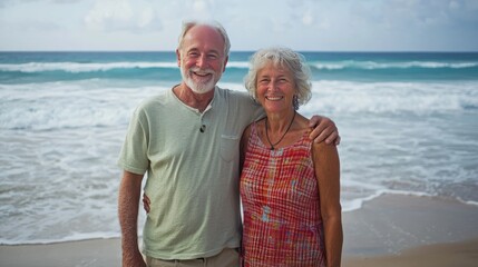 Wall Mural - Senior couple smiling happily on a beach.