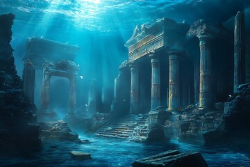 Canvas Print - An underwater scene depicting ancient ruins with columns and structures illuminated by shafts of light.