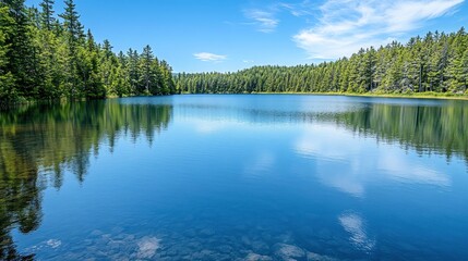 Sticker - Serene Forest Lake with Blue Sky and Clouds