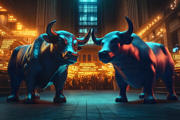 Wall Mural - surreal wall street scene anthropomorphic bull and bear in pinstripe suits trading floor chaos neon ticker tape dramatic lighting tensionfilled atmosphere metaphor for market volatility