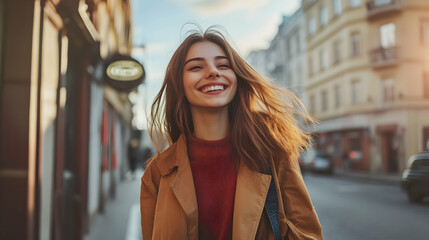 Beautiful happy young woman walking in the city